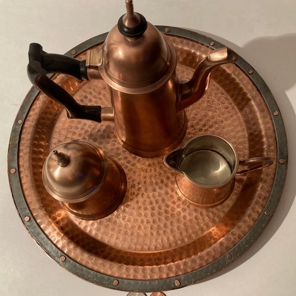 Vintage Metal Copper Tea Set On A Plate, 12" Wide - Picture 5 of 5